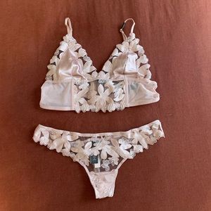 NWT Unlined Floral Embroidered Long-Line Bralette + Thong